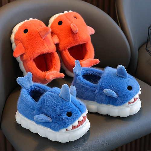 Children's Cotton Slippers for Autumn and Winter Waterproof Home Interior Anti-Slip Cute Shark Pattern Baby Kids Cotton Slippers