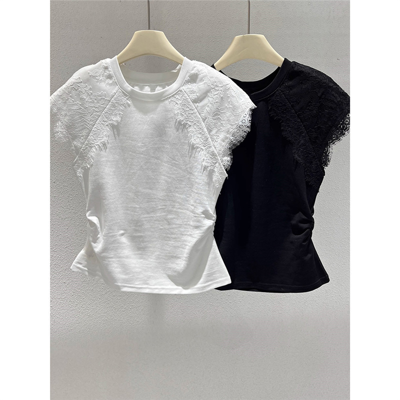 40-Count Pure Cotton Short-Sleeved Lace Splicing Round Neck T-Shirt Summer Pleated Slim Top Popular Versatile Shirt