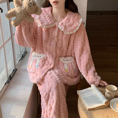 睡衣女秋冬季珊瑚绒加厚甜美可爱娃娃领开衫口袋家居服可外穿套装