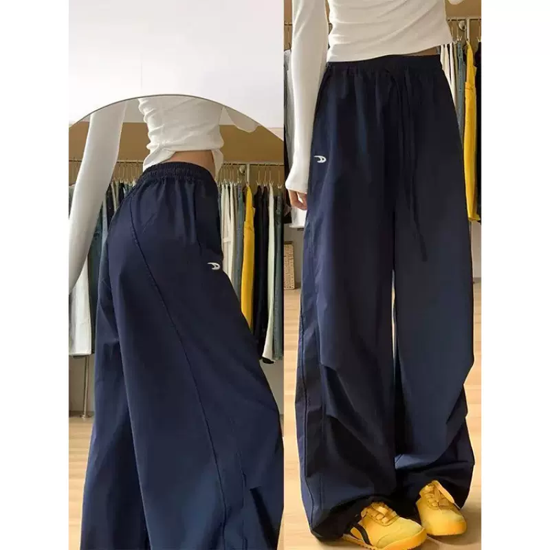 藏青色工装裤女款2025新款夏季薄款宽松直筒小个子速干刺绣阔脚裤