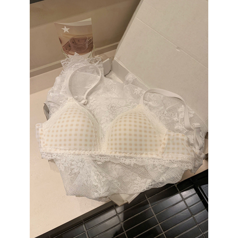 校园格子甜美蕾丝内衣女薄款透气小胸聚拢收副乳三角杯学生文胸罩|undefined