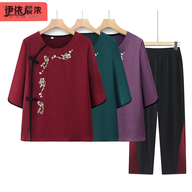 80-летняя бабушка летнее платье прохладный набор с короткими рукавами, 2024 новая средняя и пожилая мама с вышивкой, набор из двух частей