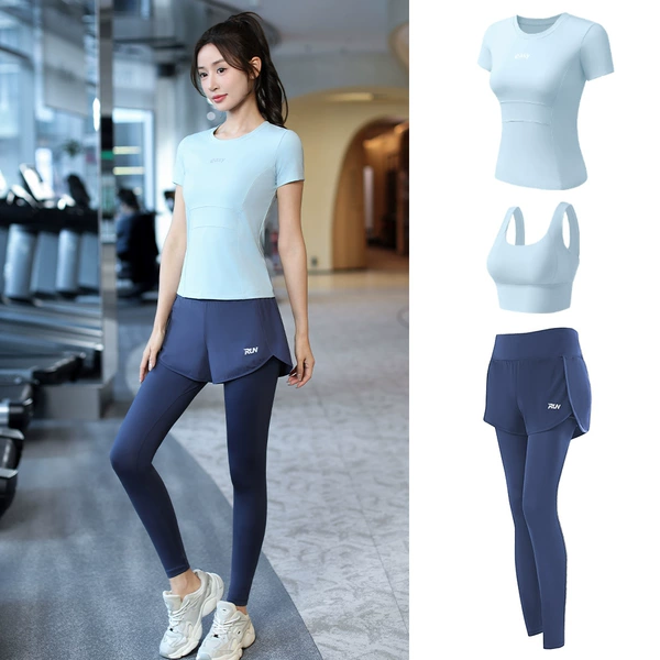Sky Blue [Short Sleeve] Three-piece Set (Blue Pants)