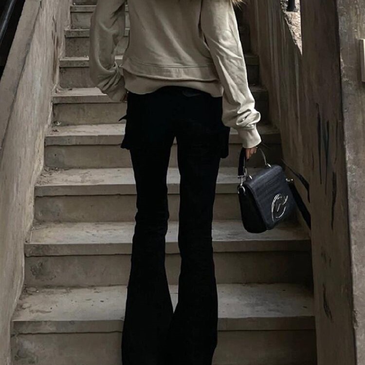 美式辣妹多口袋铆钉喇叭裤子女秋冬新款y2k千禧风低腰显瘦拖地裤|undefined