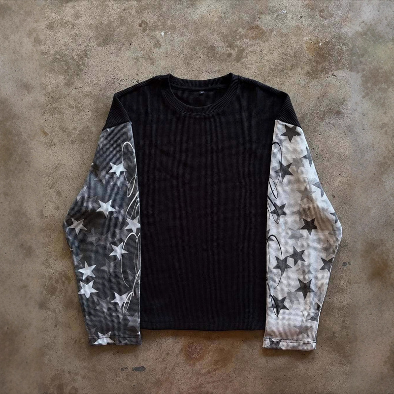 European and American Cross-Border Autum New Design Splicing Different Color Long-Sleeved American Retro Street High Street Wear T-Shirt