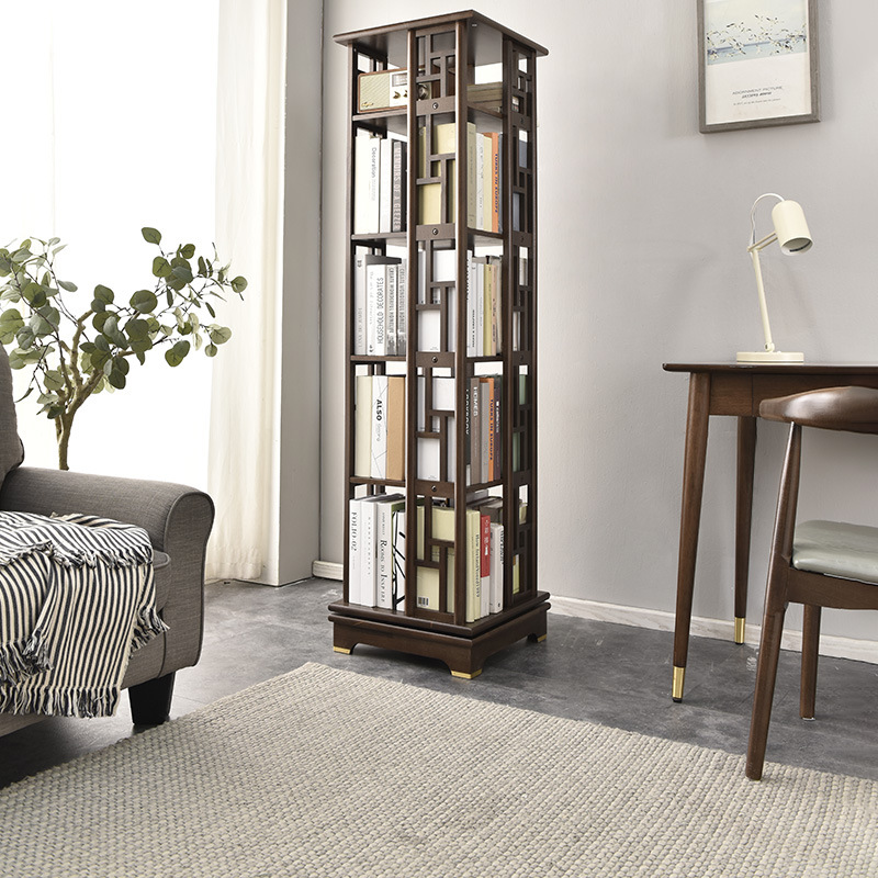 Jiayi solid wood bookshelf rotating bookshelf 360 degree mobile bookcase living room floor-standing storage rack light luxury storage bookcase