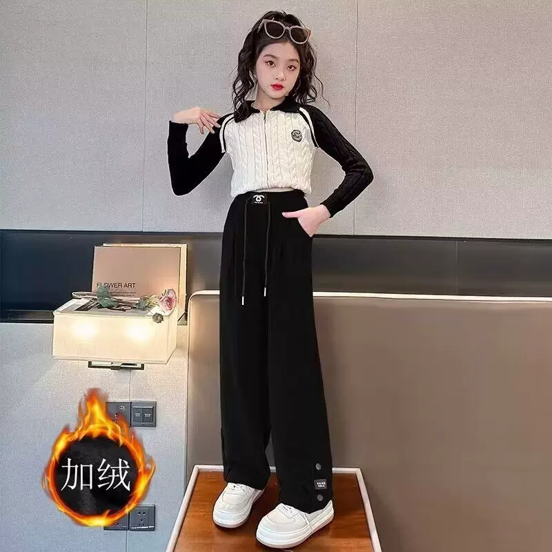 女童灯芯绒休闲裤子秋冬新款中大儿童洋气直筒女孩加绒阔腿长裤子