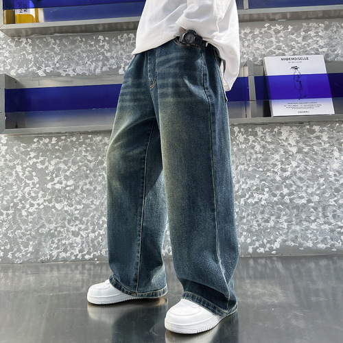 Genius whale boys 'jeans spring and autumn Korean new children's wide-leg children's wear pants autumn boy's retro pants
