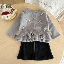 【柠里】原创！女童蝴蝶结灰色荷叶边针织开衫毛衣外套女宝宝跨境