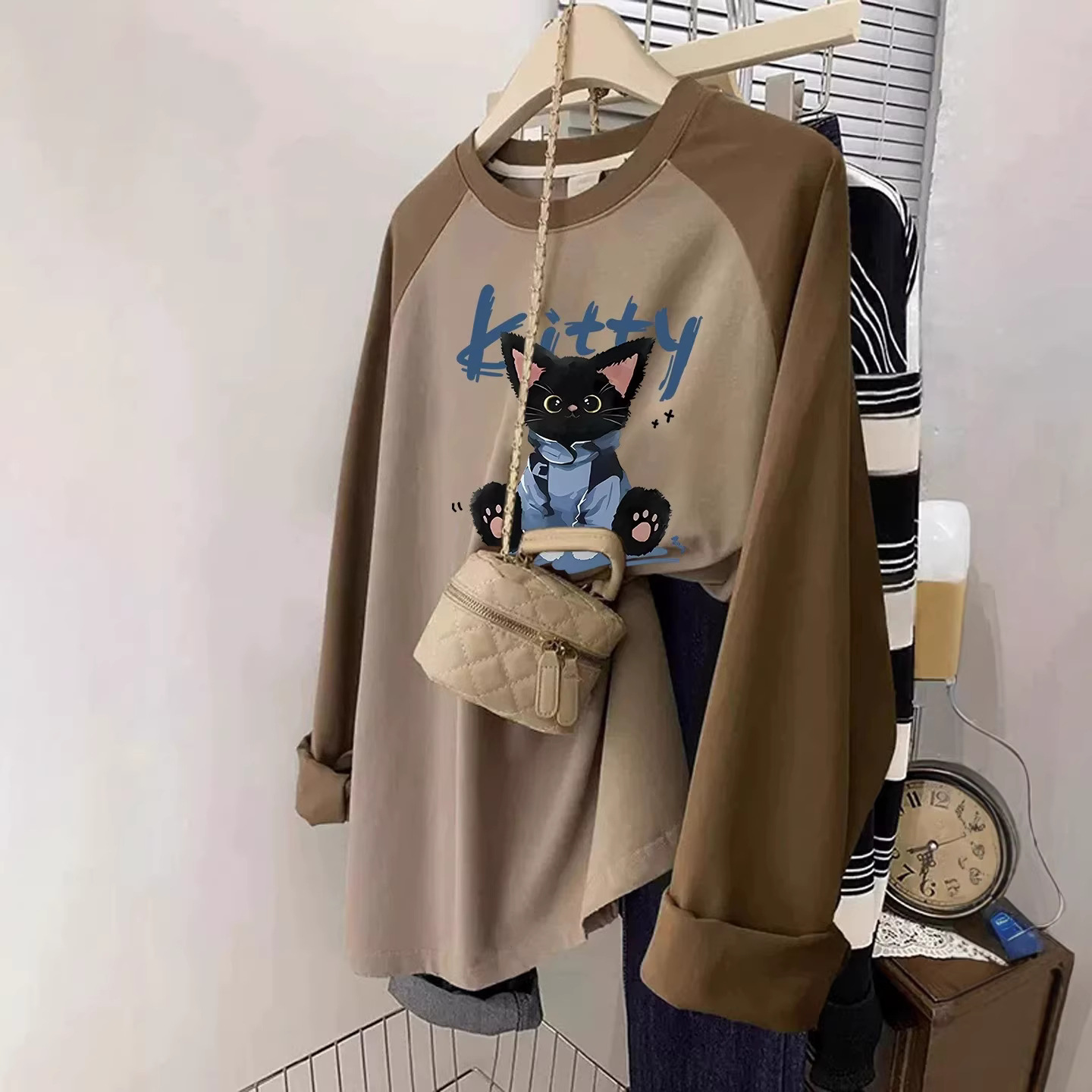 100% Pure Cotton Raglan Long-Sleeved T-Shirt for Women, Spring and Autumn American Style Oversize Inner Layering Shirt, Loose Fit 100kg Top