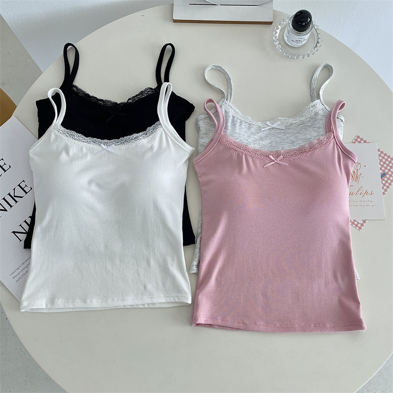 Lace Bow Spice Girl Camisole Women's Summer Slim-fit Slimming Design Short Sleeveless Top with Chest Pad
