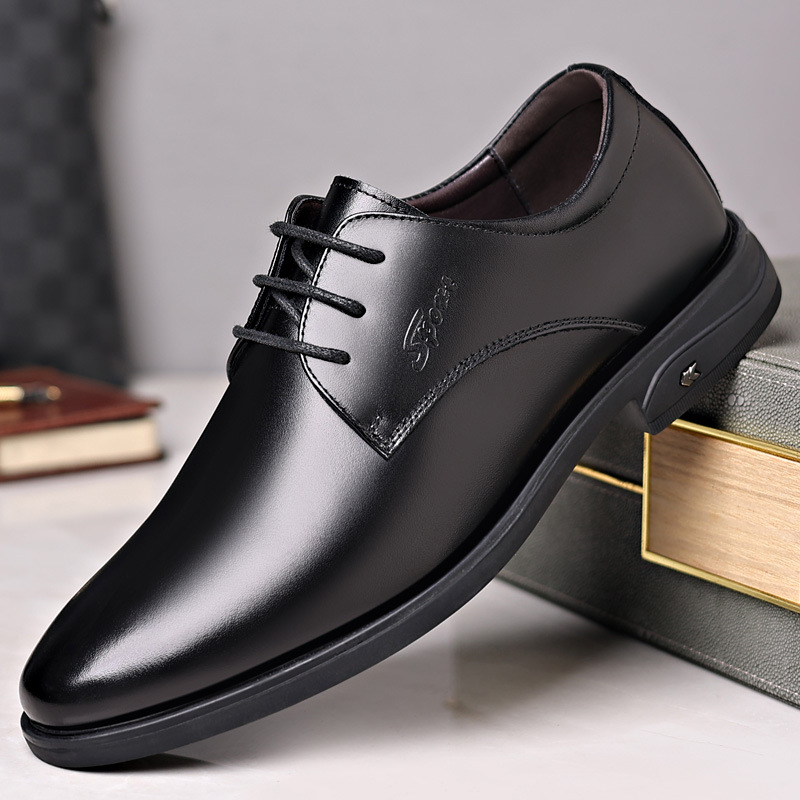 First-Layer Cowhide Men's Business Formal Leather Shoes, Pointed Toe, Lace-Up, Breathable, Non-Slip, Wedding Leather Shoes, Wholesale Dropshipping