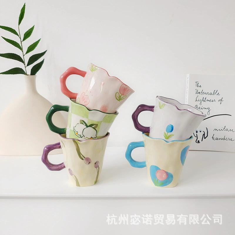 INS high face value, cute flower flower hand pinch ceramic cup Mark cup niche design feeling milk coffee cup water cup