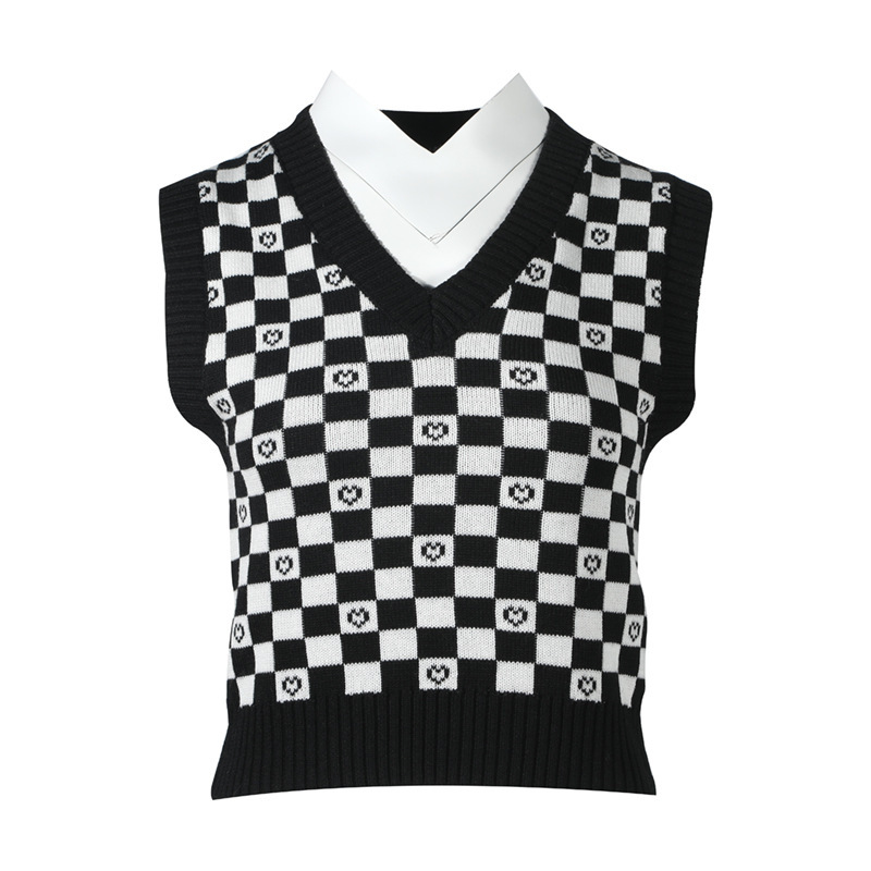 Warm Inner Wear Black and White Plaid Christmas Sweater Middle-Aged Men's Export European and American Style Slim Vest Wool Knitted Customization