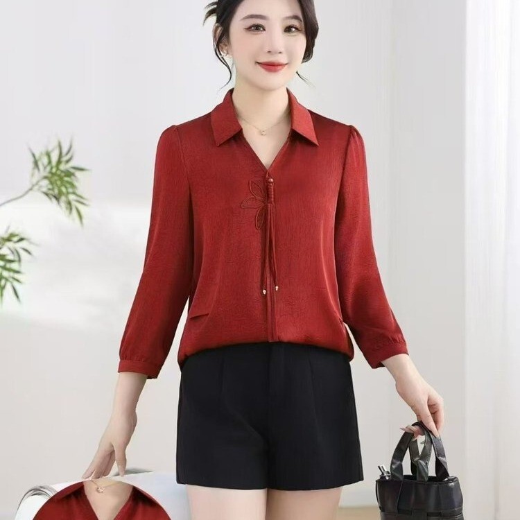 Mom Spring Western Style Chinese 2025 New Summer Dress 40-year-old Middle-aged Seven-point Sleeve Shirt Middle-aged Spring and Autumn Top Mom Spring Western Style Chinese 2025 New Summer Dress 40-year-old Middle-aged Seven-point Sleeve Shirt Middle-aged Spring and Autumn Top
