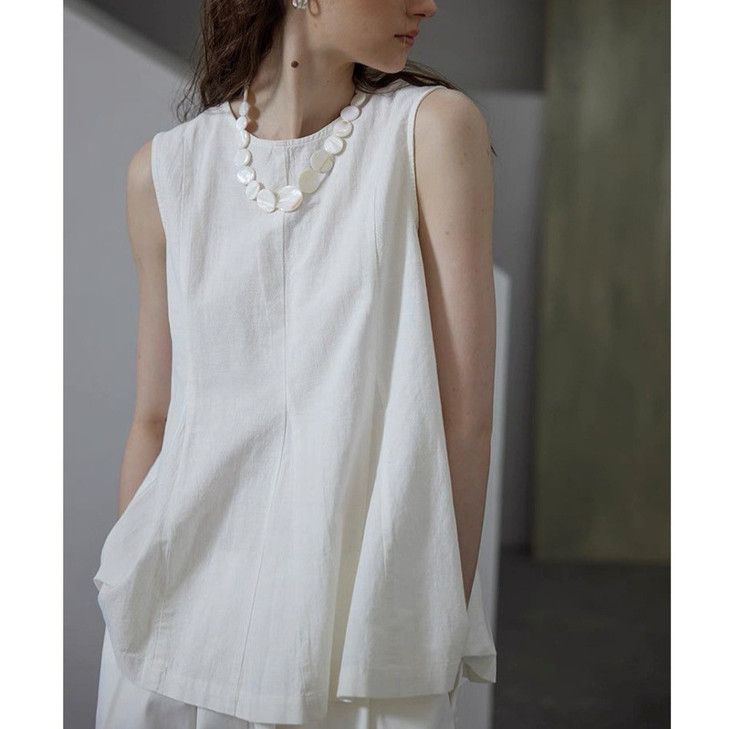 Moofeel French Cotton and Linen Shirt 2025 Summer New Style Waist Round Neck Sleeveless Linen Unique Top