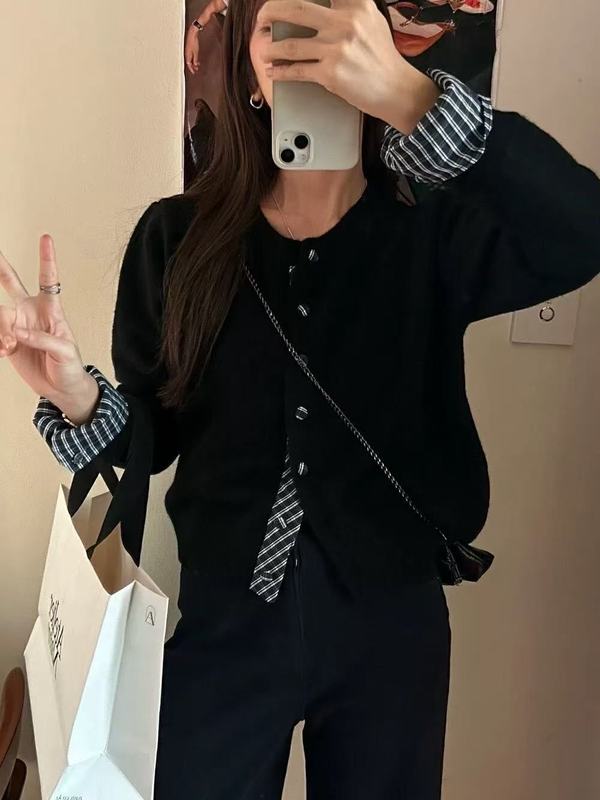 假两件格子拼接针织开衫毛衣女秋冬2025新款松弛感慵懒风短款外套|undefined