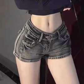 A801#【非实拍】美式复古辣妹牛仔短裤女烟灰色低腰a字小个子包臀