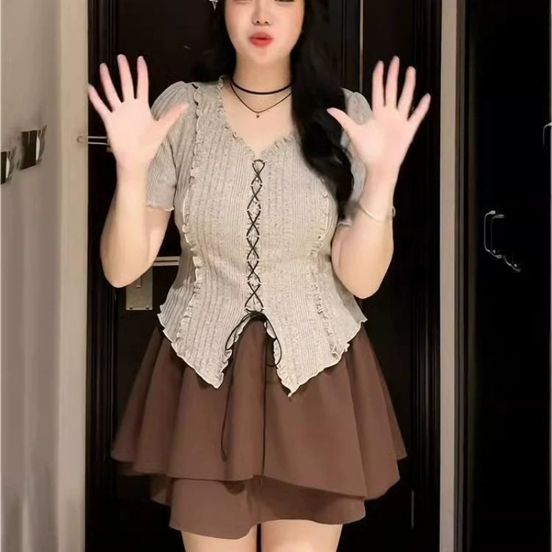 Летний комплект юбка и топ, для женщин plus size, с коротким рукавом, размеры M–4XL