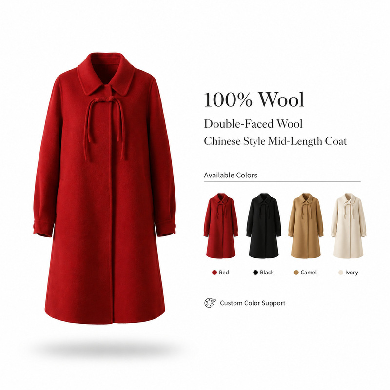 New Chinese-style red double-sided wool coat for women with doll collar, bow tie, puff sleeves, and elegant design