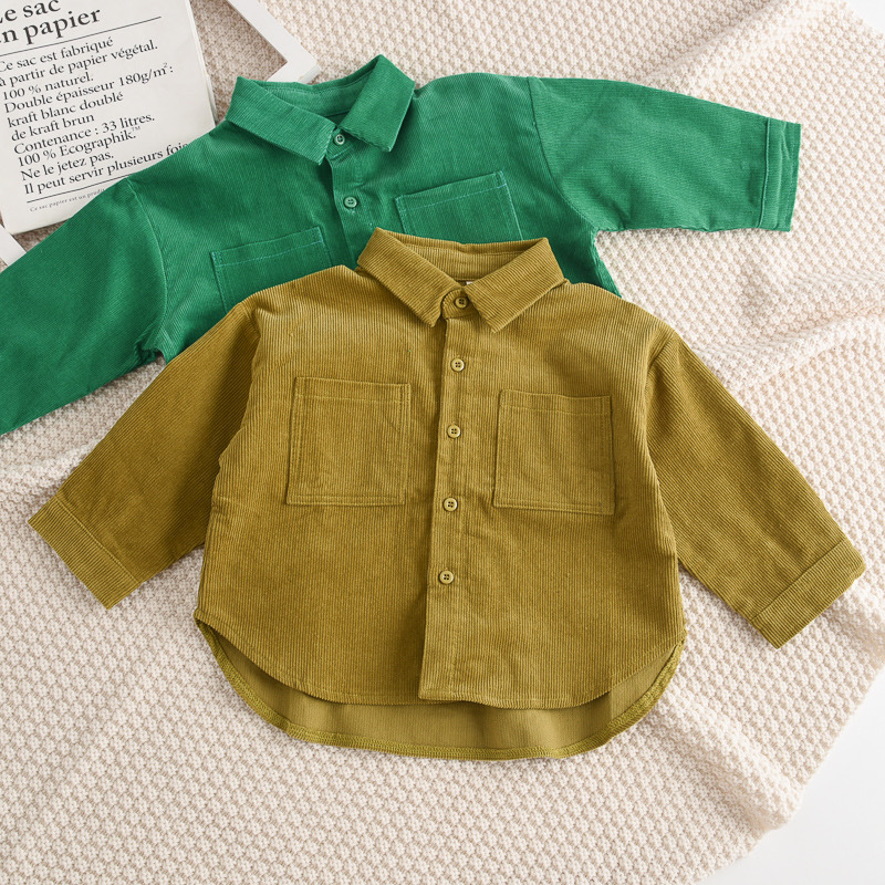 Boy's Shirt Autumn Vintage Children's Corduroy Lapel Cotton Linen Shirt Unisex Baby Girl Loose Pocket Shirt