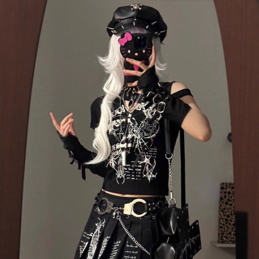 Personalized Design, Fashionable Subculture, Dark Punk Skull Print Camisole, Sexy Slim Fit Top, Short Style