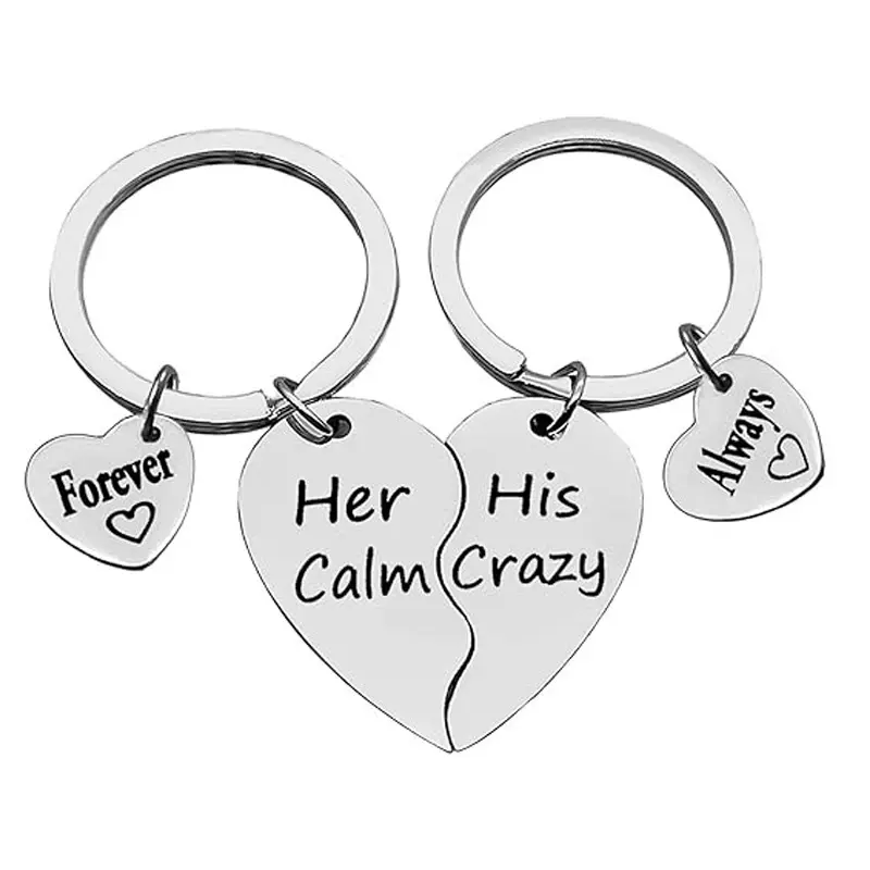 His crazy Her Weirdo 不锈钢钥匙扣心形情侣钥匙圈 圆形吊坠挂坠