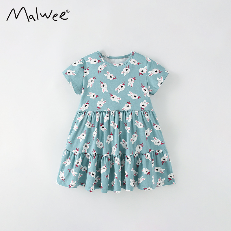 Malwee vestido de las niñas verano nuevo europeo y americano de los niños casual de manga corta cuello redondo camisa vestido de la princesa de los niños