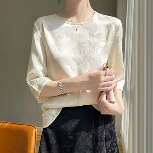Silk Satin 2025 Summer Women's New Round Neck Short Dark Flower Disc Button Five-Point Short-Sleeved Versatile Shirt Top