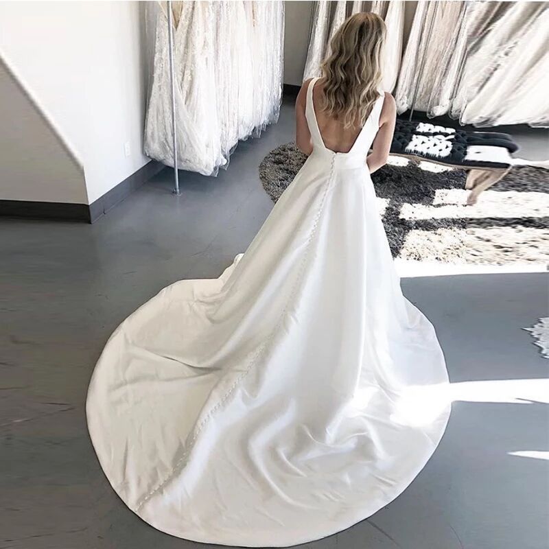 Comercio exterior europeo y americano Amazon AliExpress deseo nuevo elegante vestido de novia con cuello en V sin mangas satén cola soporte personalización image 2