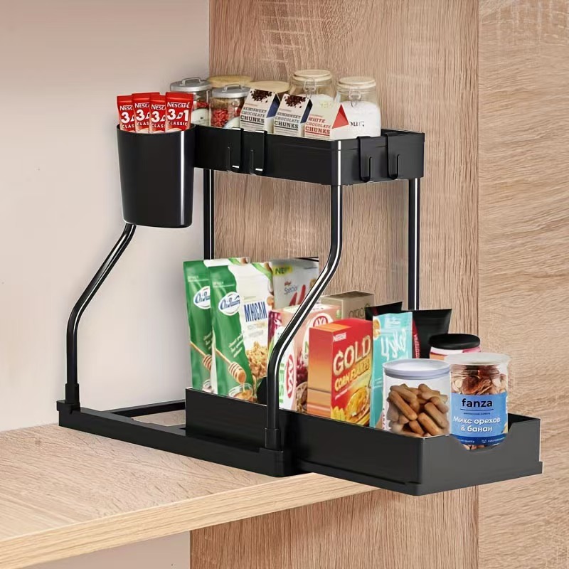 Multifunctional Storage Rack Double-Layer Floor-Standing Kitchen Bathroom Sink Pull-Out Storage Rack Punch-Free Storage Rack