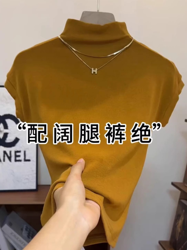 2025早秋新款小立领短袖t恤女时尚内搭飞飞袖打底衫短款洋气上衣|undefined