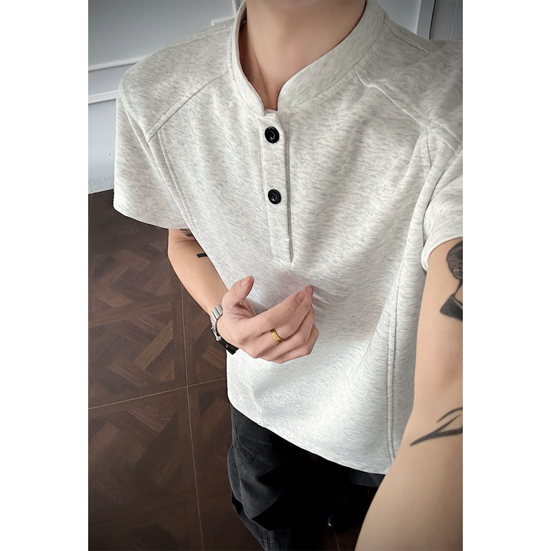 T-shirt High Street Henry da uomo, top corto casual versatile e di tendenza per la primavera, con colletto alla coreana in stile americano e maniche corte_voghion.com