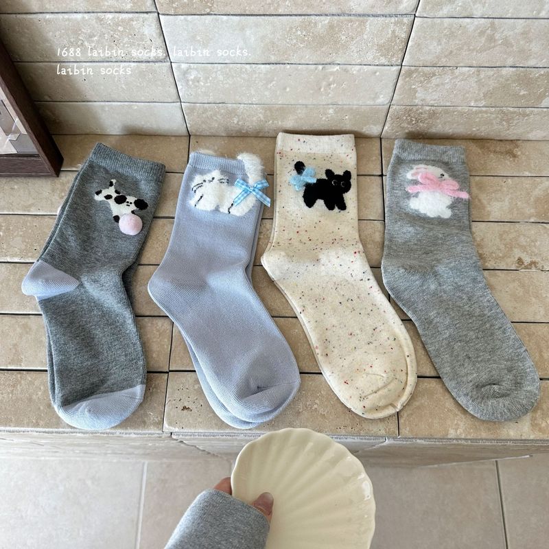 小动物饰品棉袜组合卡通小狗撞色蝴蝶结秋冬棉质中筒袜女士可爱|undefined