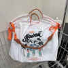 Japanese capacious handheld foldable one-shoulder bag for leisure, drawstring, with embroidery