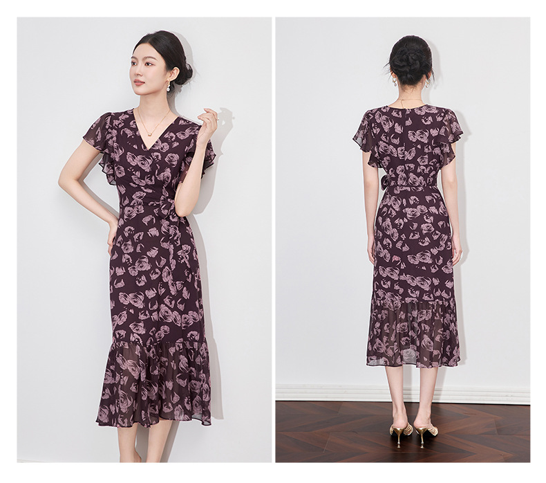 Váy maxi nữ cổ chữ V in hoa thắt eo phong cách cổ điển Pháp — Hoa xanh lam chi tiết 14