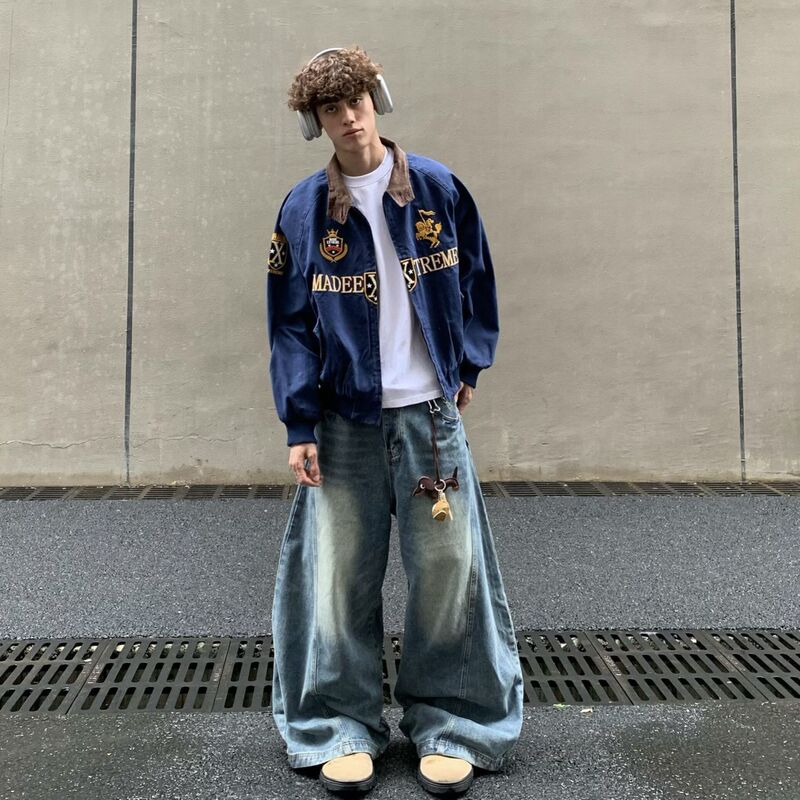 潮牌藏蓝色短款棒球服外套街头cleanfit美式复古夹克男宽松男外套|undefined