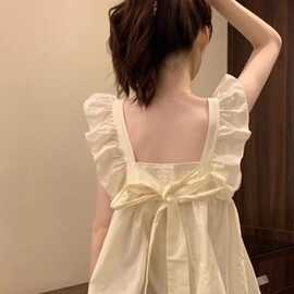 蝴蝶结小飞袖吊带背心女夏季无袖外穿遮副乳娃娃衫多巴胺海边上衣