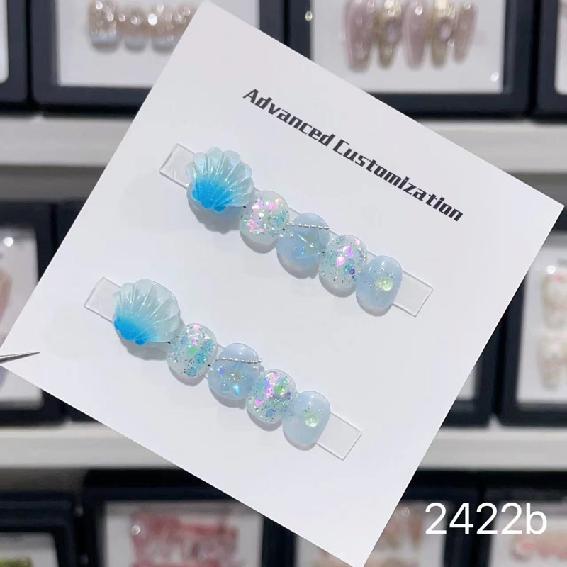 [Children's Wearable Nails] Three-Dimensional Bowknot Blue Shell Short Wearable Nail Stickers Purely Handmade
