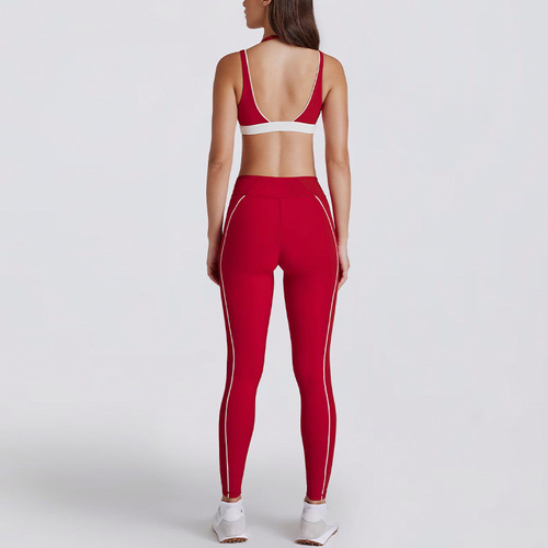 Cross-border false two-piece contrasting white striped running fitness shorts V-neck shoulder strap sports bra workout set yoga outfit