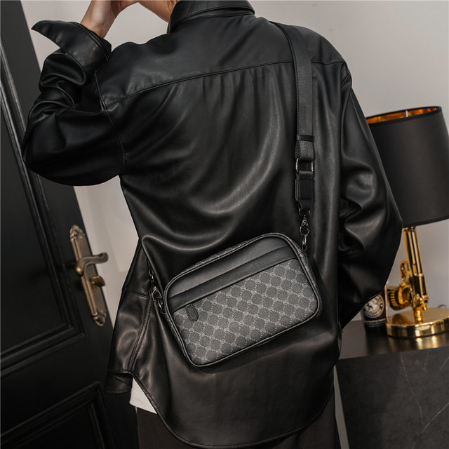 Luxury Plaid Crossbody Bag Men Brand Design PU Leather Shoulder