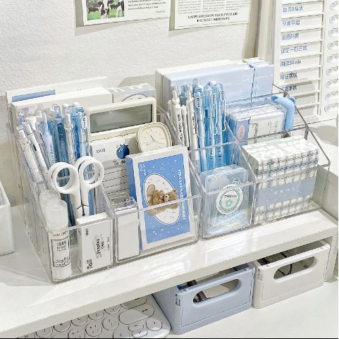 Acrylic Transparent Desktop Storage Box Large Capacity Student Use Pen Holder Office Desk Sticky Note Pen Storage Grid