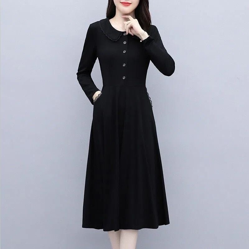 New autumn long-sleeve dress, plus size, waist-cinching, slimming, tummy-concealing, stylish mother's dress, elegant, large hem, little black dress