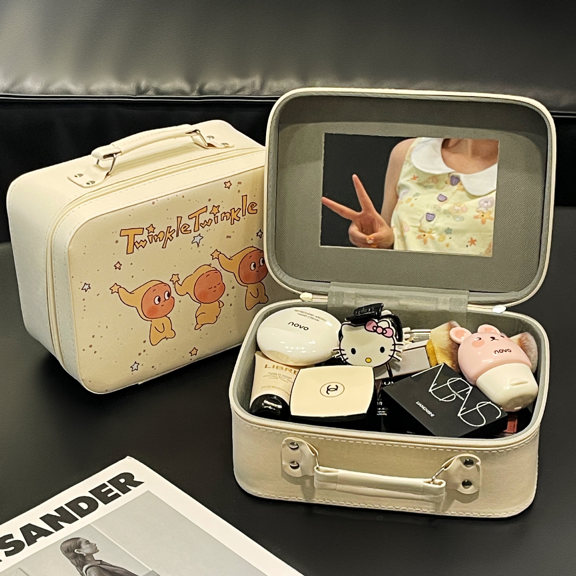 Hermosa bolsa de maquillaje portátil impermeable, caja de almacenamiento de maquillaje de gran capacidad, bolsa de maquillaje portátil con espejo