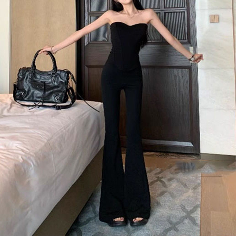 Hot Girl Fishbone Tube Top Black Vest Women's Spring Micro-Flared Casual Pants Floor-Length Long Pants Royal Sister Style Two-Piece Set