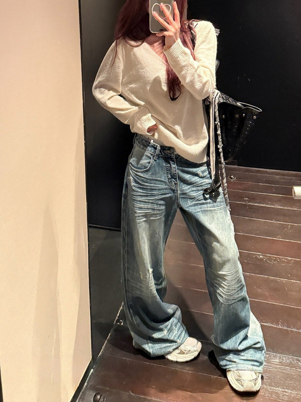 SUNONEON 水洗宽松磨破低腰牛仔裤女早秋季美式复古直筒休闲裤子|undefined