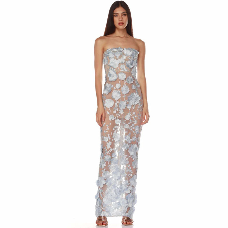 跨境优雅蕾丝立体花朵饰修身派对性感抹胸连衣裙轻奢名媛晚宴礼服