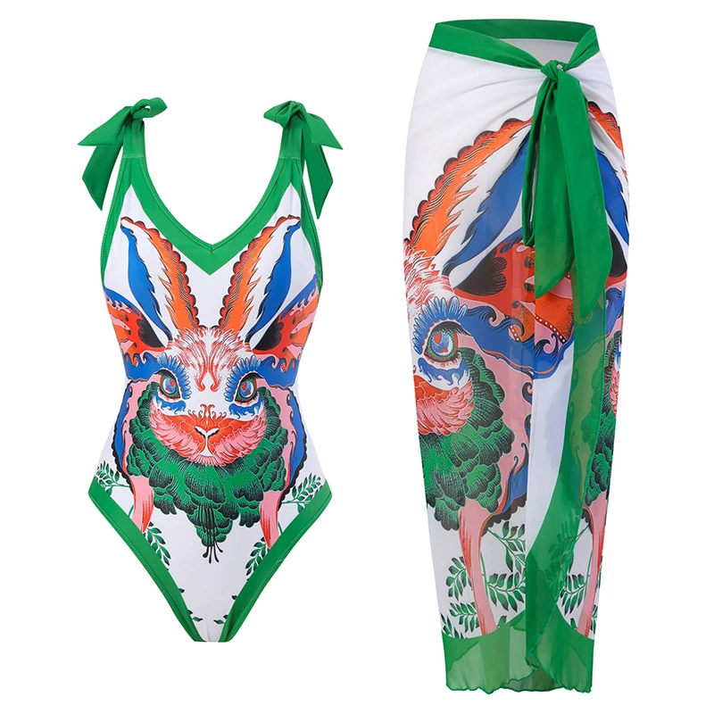Swimwear с принтом мультфильмов и пляжной шифоновой длинной юбкой, купальник европейского стиля с высокой талией