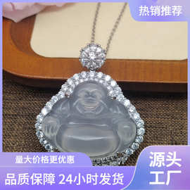 批发镀银镶嵌高冰白玉髓吊坠轻奢网红款佛公大肚佛玉石项链弥勒佛