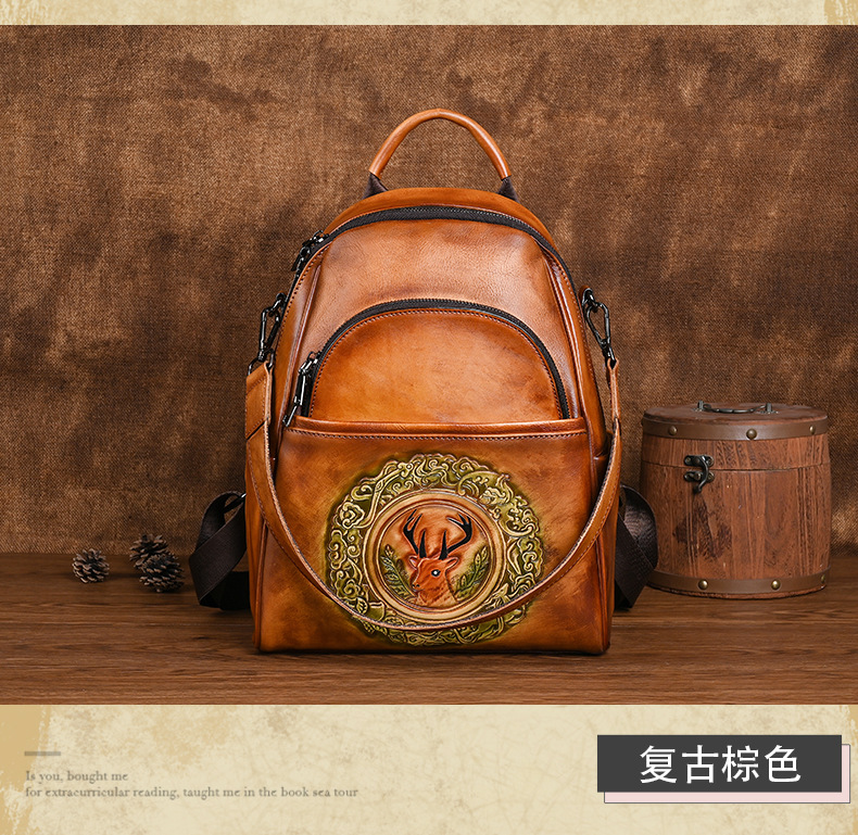 Ba lô da bò nữ cỡ lớn thiết kế đầu hươu phong cách vintage — Màu đen cổ điển, Cà phê cổ điển, Màu nâu cổ điển chi tiết 10